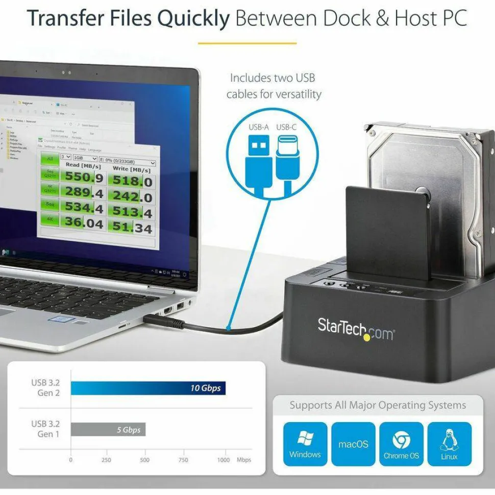 StarTech Standalone Hard Drive Duplicator, External Dual Bay HDD/SSD Cloner/Copier, USB 3.1 to SATA Drive Docking Station, Disk Cloner