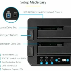 StarTech Standalone Hard Drive Duplicator, External Dual Bay HDD/SSD Cloner/Copier, USB 3.1 to SATA Drive Docking Station, Disk Cloner