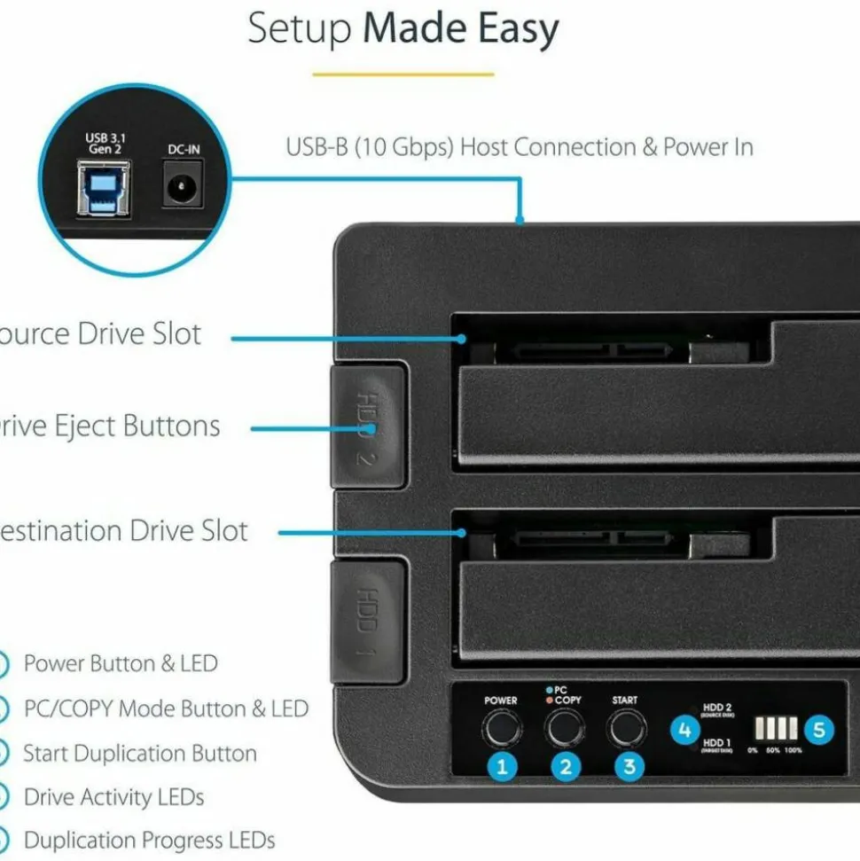 StarTech Standalone Hard Drive Duplicator, External Dual Bay HDD/SSD Cloner/Copier, USB 3.1 to SATA Drive Docking Station, Disk Cloner