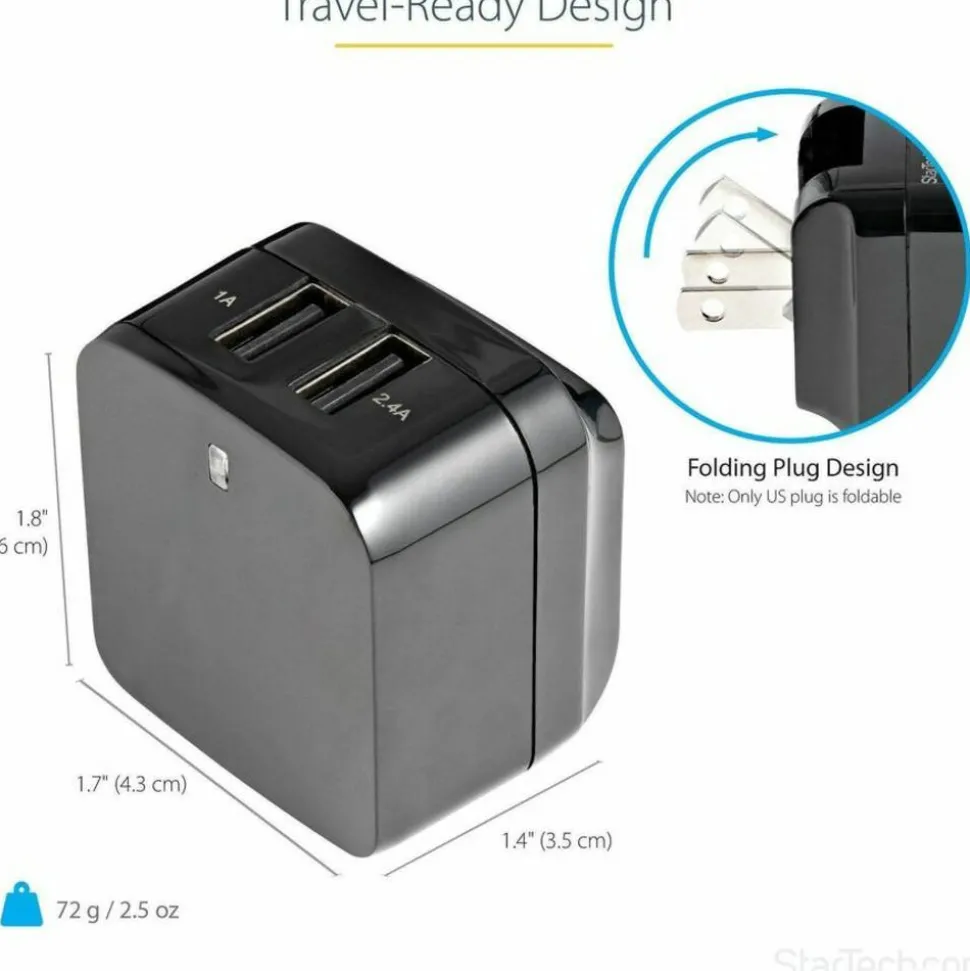 StarTech Travel USB Wall Charger - 2 Port - Black - Universal Travel Adapter - International Power Adapter - USB Charger