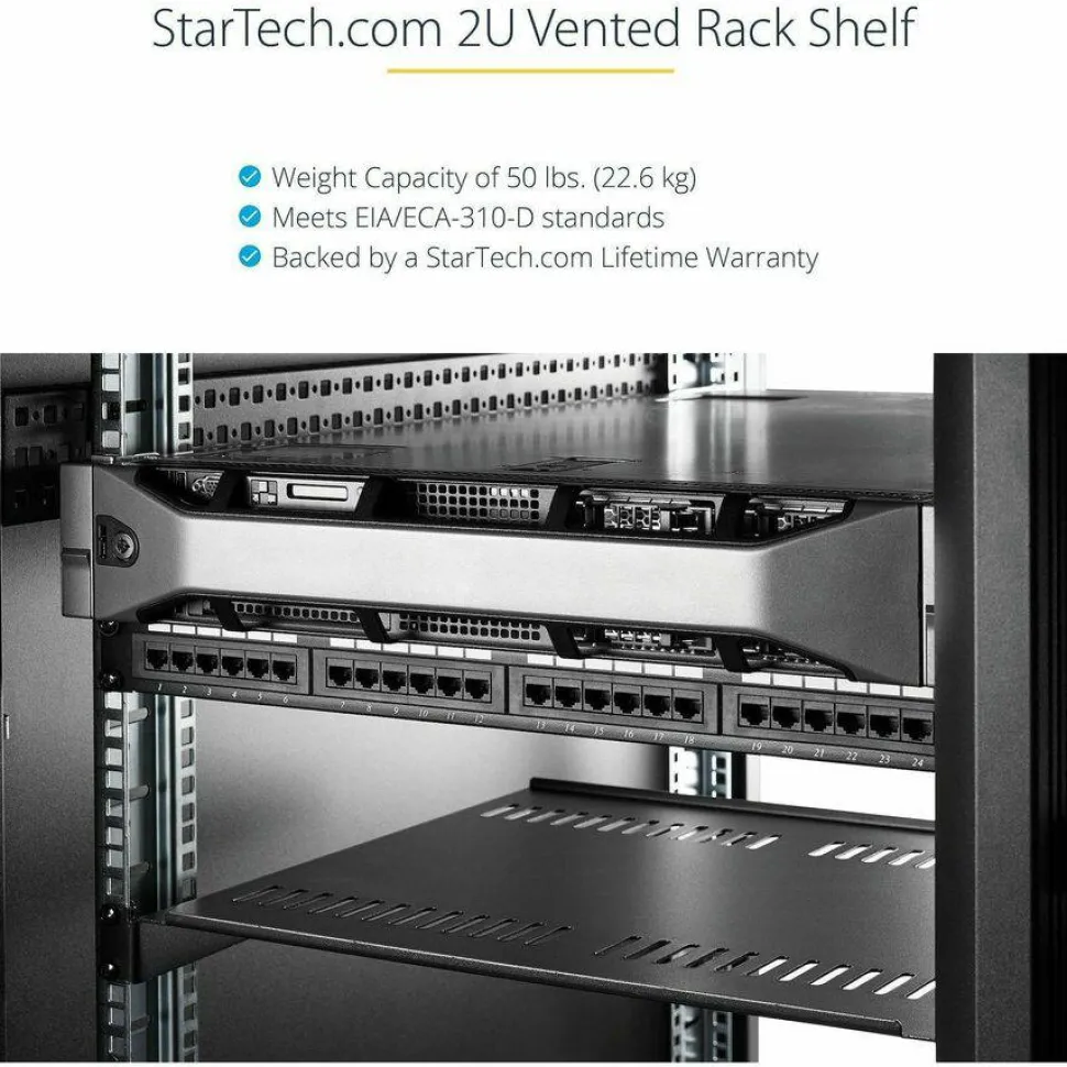 StarTech 2U 22in Vented Rack Mount Shelf - Fixed 22 inch Deep antilever Rackmount Tray for Server Rack Cabinet Shelf - 50lbs / 23kg