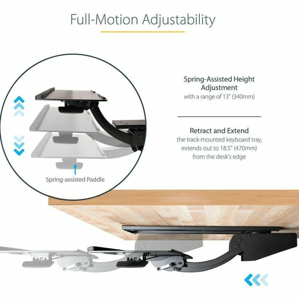 StarTech Under Desk Keyboard Tray, Height Adjustable Keyboard and Mouse Tray (10" x 26"), Ergonomic Computer Keyboard Tray w/Mouse Pad