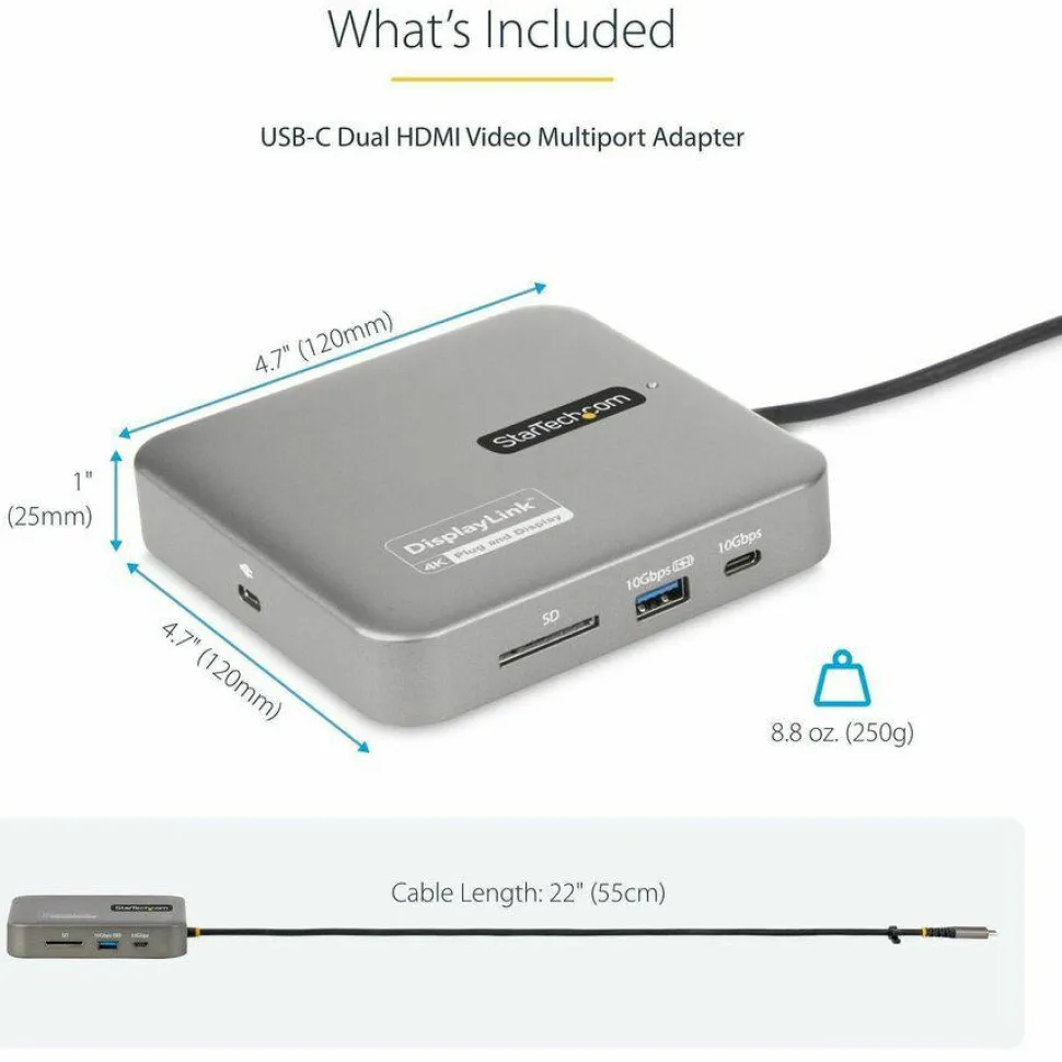 StarTech USB C Docking Station, Dual 4K 60Hz HDMI, compatible with MacBook Pro (M1/M2/M3/M4) and Windows, 10Gbps USB Hub, GbE, 100W PD
