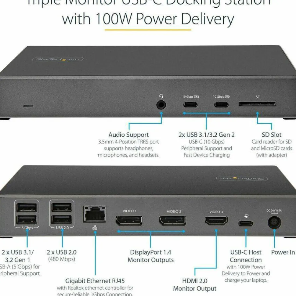 StarTech USB C Dock, Triple 4K Monitor USB-C Docking Station with DP 1.4 & DSC, 2x DisplayPort & 1x HDMI, 100W PD, 6x USB (2x 10Gbps)