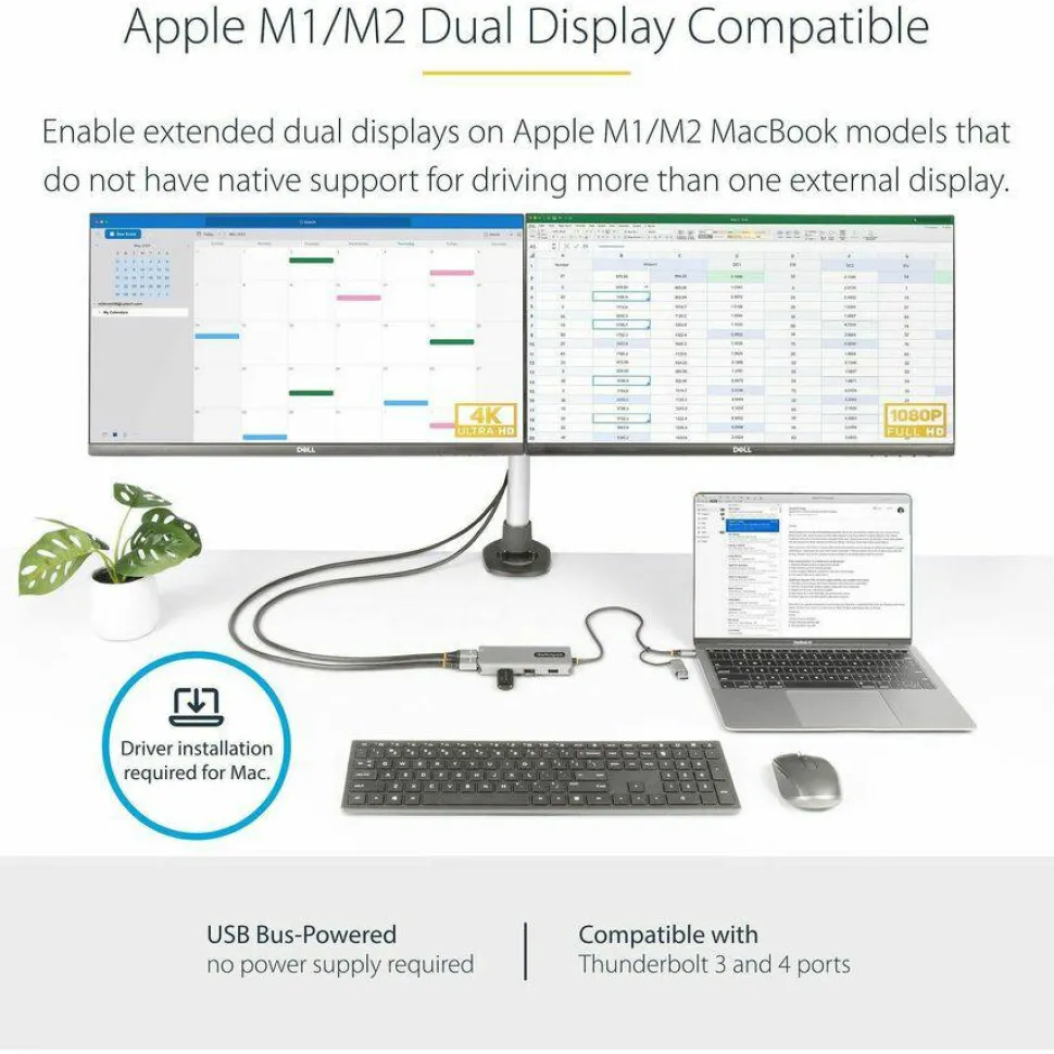 StarTech USB-C Multiport Adapter w/Attached USB-C to USB-A Dongle, Dual HDMI 4K/1080, 3x USB, Mini Laptop Docking Station, Travel Dock
