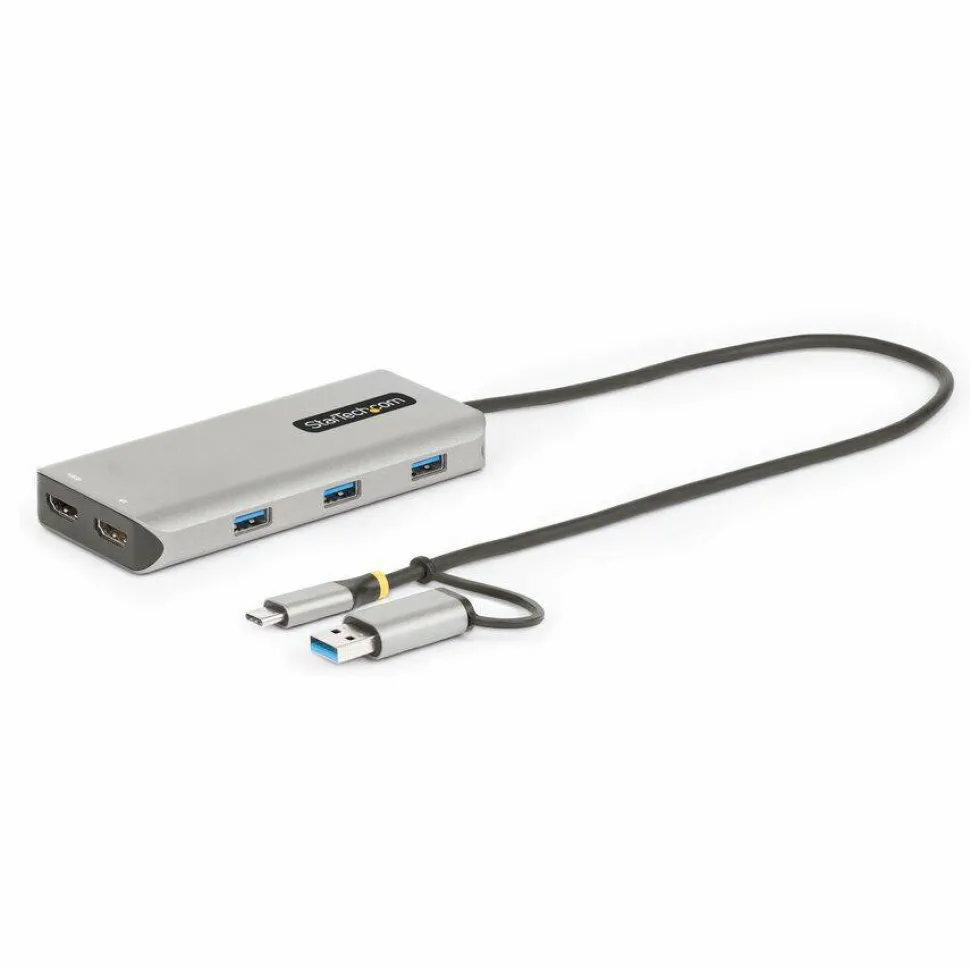 StarTech USB-C Multiport Adapter w/Attached USB-C to USB-A Dongle, Dual HDMI 4K/1080, 3x USB, Mini Laptop Docking Station, Travel Dock