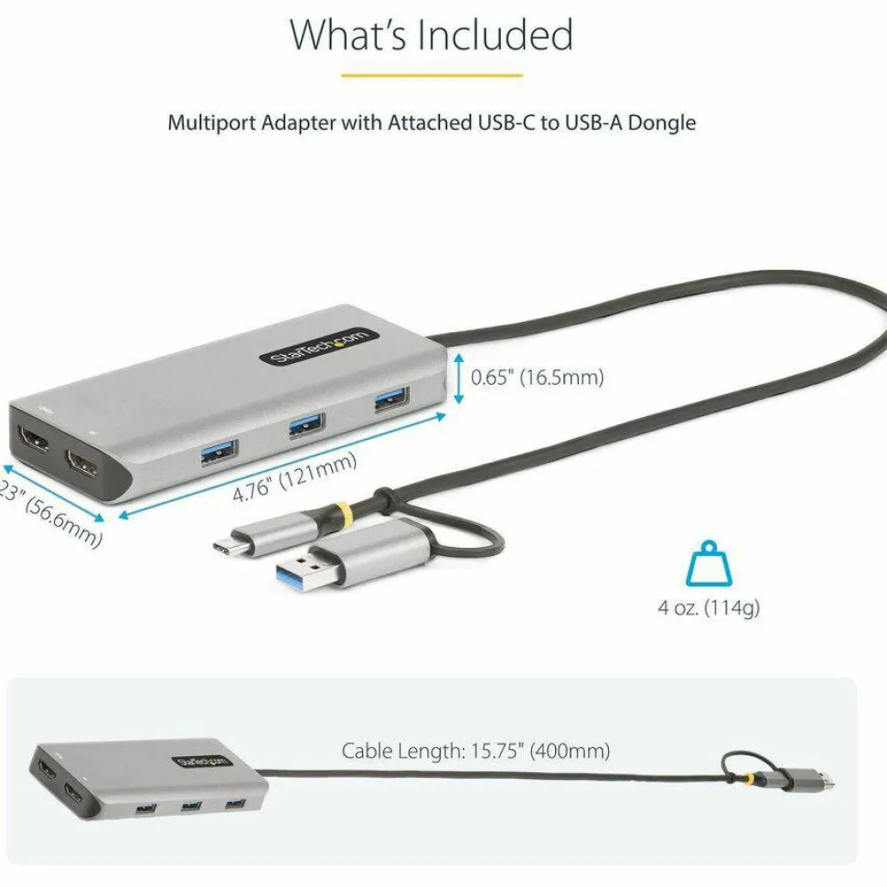 StarTech USB-C Multiport Adapter w/Attached USB-C to USB-A Dongle, Dual HDMI 4K/1080, 3x USB, Mini Laptop Docking Station, Travel Dock