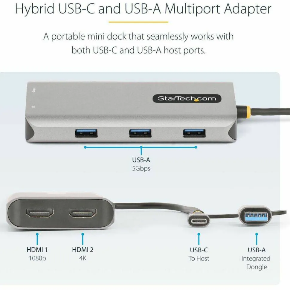 StarTech USB-C Multiport Adapter w/Attached USB-C to USB-A Dongle, Dual HDMI 4K/1080, 3x USB, Mini Laptop Docking Station, Travel Dock