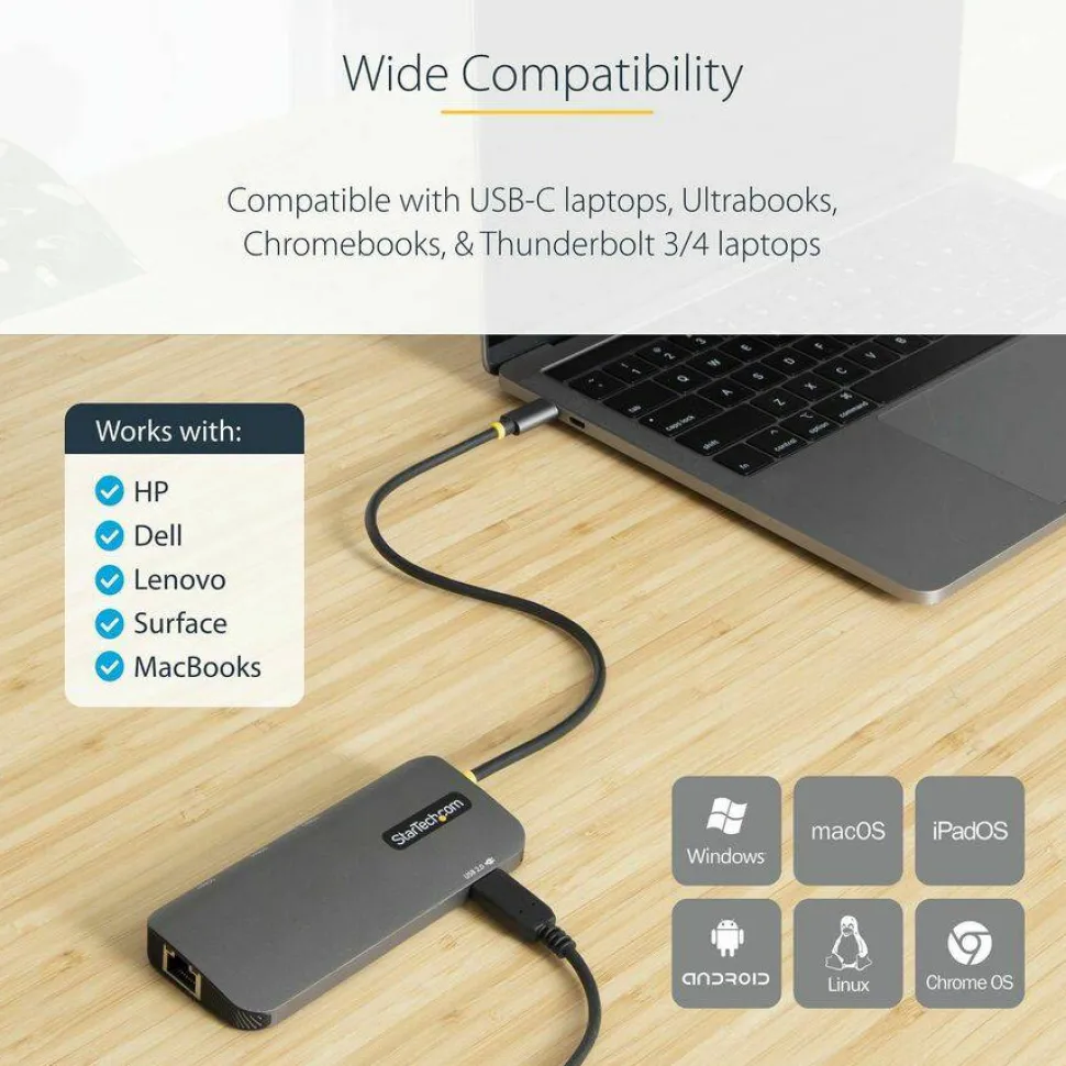 StarTech USB C Multiport Adapter, 4K 60Hz HDMI HDR10 Video, 3 Port 5Gbps USB 3.2 Hub, 100W PD PassThrough, GbE, Mini Travel Dock