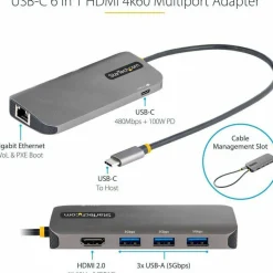 StarTech USB C Multiport Adapter, 4K 60Hz HDMI HDR10 Video, 3 Port 5Gbps USB 3.2 Hub, 100W PD PassThrough, GbE, Mini Travel Dock