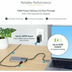 StarTech USB C Multiport Adapter, 4K 60Hz HDMI HDR10 Video, 3 Port 5Gbps USB 3.2 Hub, 100W PD PassThrough, GbE, Mini Travel Dock