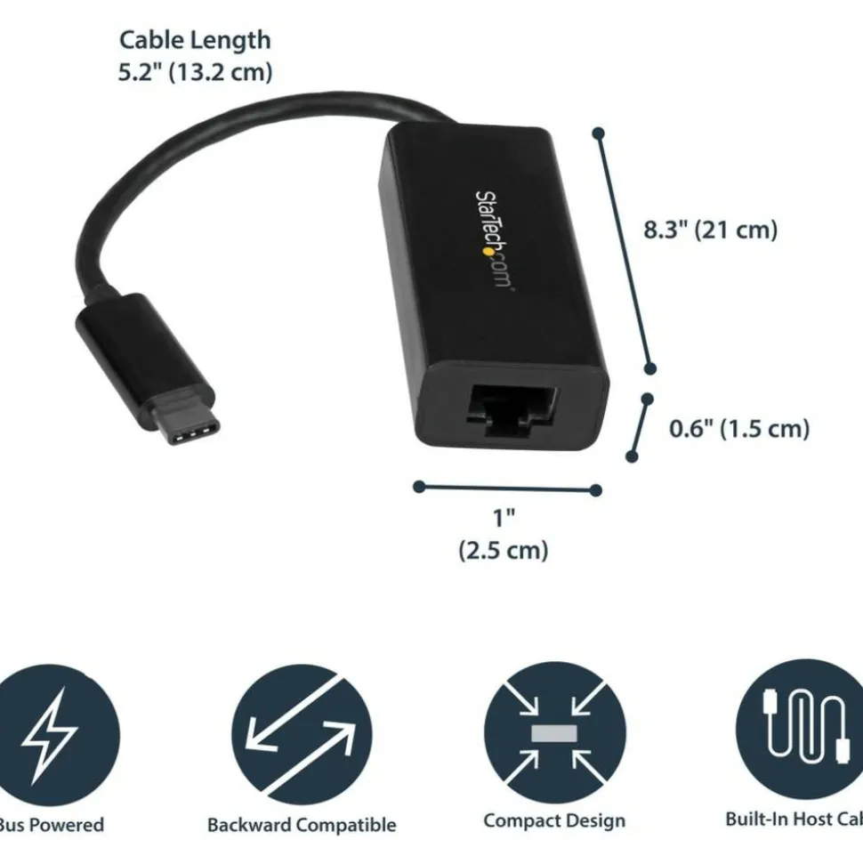 StarTech USB C to Gigabit Ethernet Adapter - Thunderbolt 3 - 10/100/1000Mbps - Black