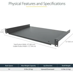 StarTech 1U Server Rack Cabinet Shelf - Fixed 12" Deep Cantilever Rackmount Tray for 19" Data/AV/Network Enclosure w/cage nuts, screws