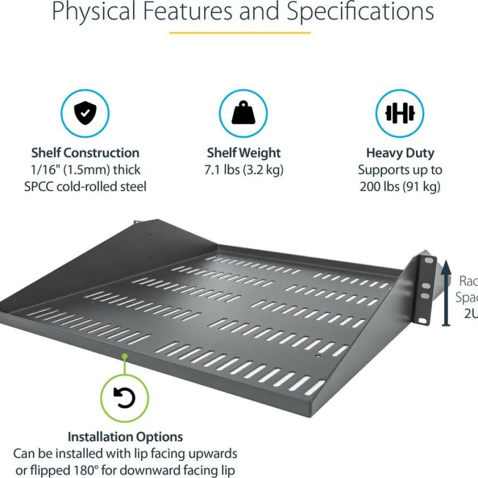 StarTech 2U Vented Server Rack Shelf - Center Mount Fixed 20" Deep Cantilever Rackmount Tray for 19" Data/AV/Network w/Cage Nuts