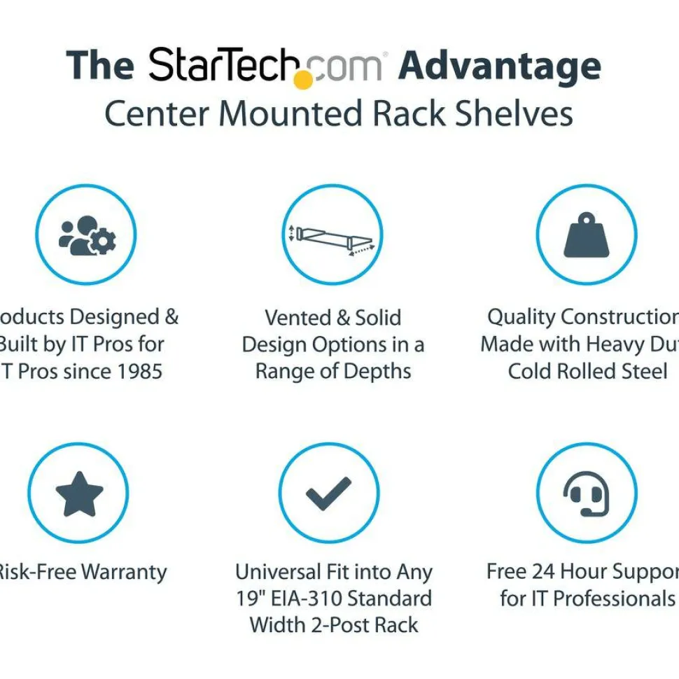StarTech 2U Vented Server Rack Shelf - Center Mount Fixed 20" Deep Cantilever Rackmount Tray for 19" Data/AV/Network w/Cage Nuts