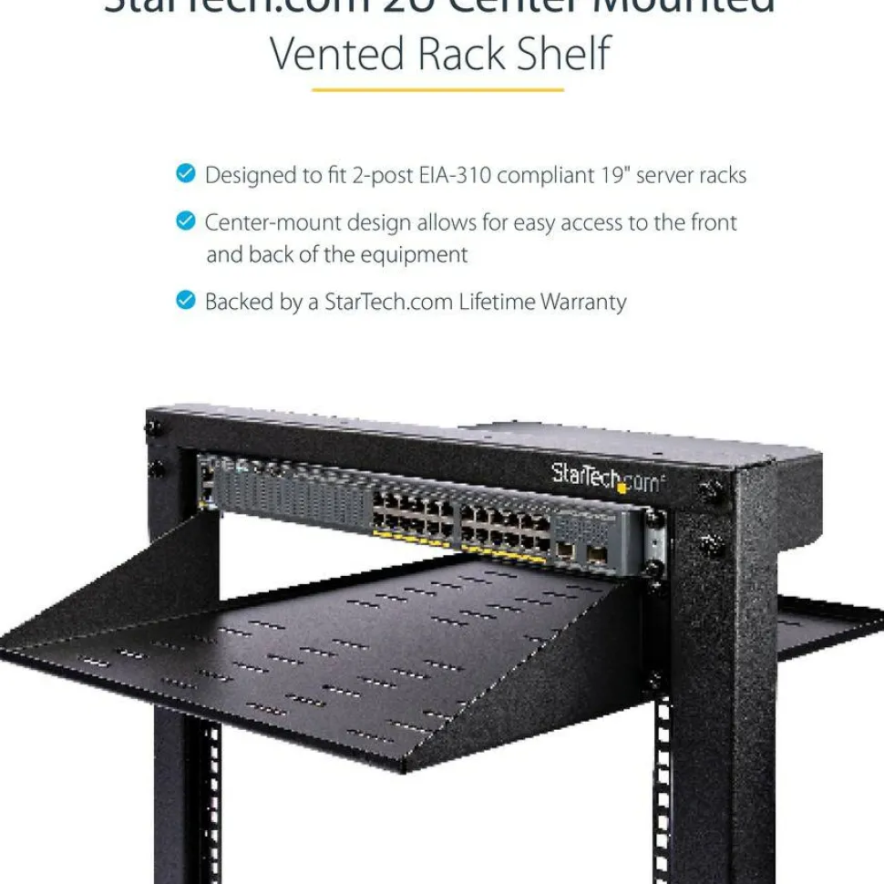 StarTech 2U Vented Server Rack Shelf - Center Mount Fixed 20" Deep Cantilever Rackmount Tray for 19" Data/AV/Network w/Cage Nuts