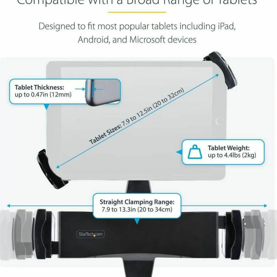 StarTech VESA Mount Adapter for Tablets 7.9 to 12.5in, Up to 2kg /4.4lb, 75x75/100x100, Universal Anti-Theft Tablet VESA Mount Clamp