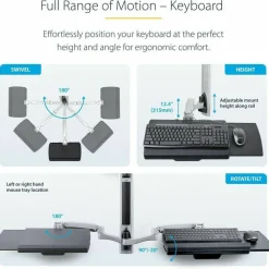 StarTech Wall Mount Workstation, VESA Mount 22lb/10kg, Fully Articulating Monitor Mount/Keyboard Tray, Standing Desk w/PC Bracket, TAA