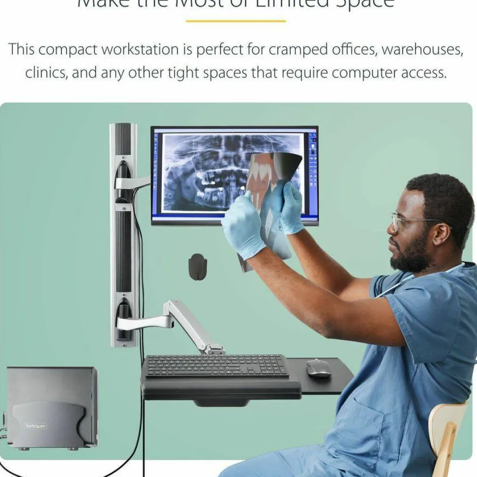 StarTech Wall Mount Workstation, VESA Mount 22lb/10kg, Fully Articulating Monitor Mount/Keyboard Tray, Standing Desk w/PC Bracket, TAA