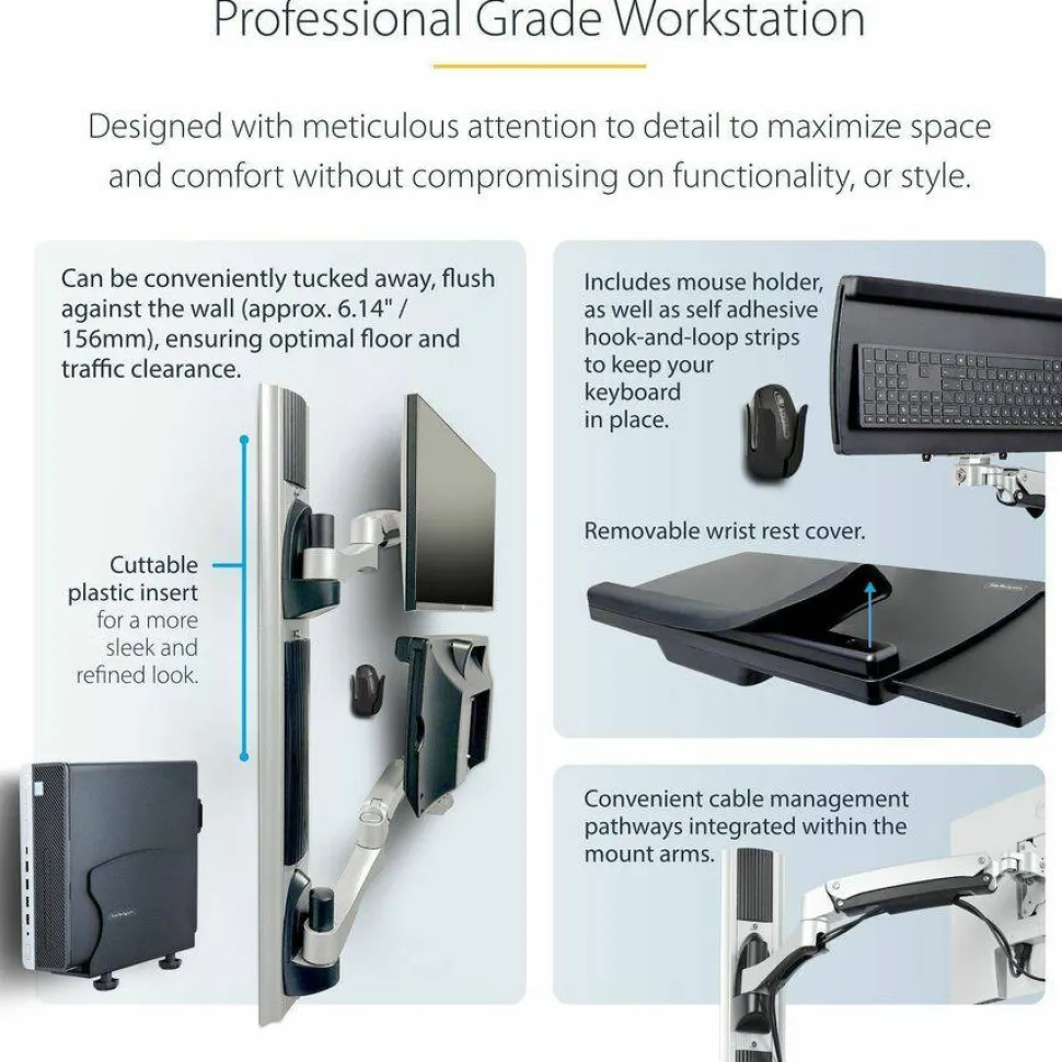 StarTech Wall Mount Workstation, VESA Mount 22lb/10kg, Fully Articulating Monitor Mount/Keyboard Tray, Standing Desk w/PC Bracket, TAA
