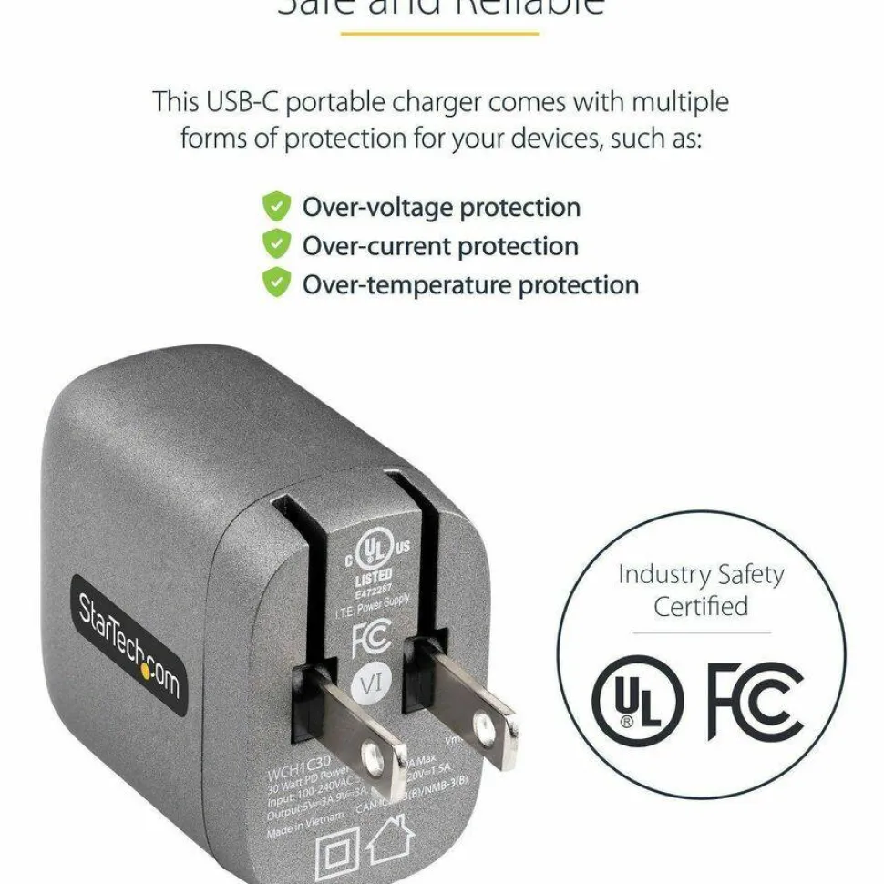 StarTech 30W USB-C Wall Charger, Portable GaN Charger with USB Power Delivery Fast Charging, 6ft Cable, USB-C Charger