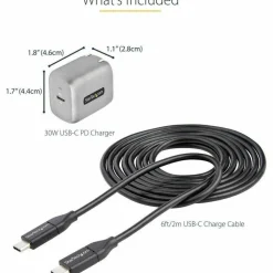 StarTech 30W USB-C Wall Charger, Portable GaN Charger with USB Power Delivery Fast Charging, 6ft Cable, USB-C Charger