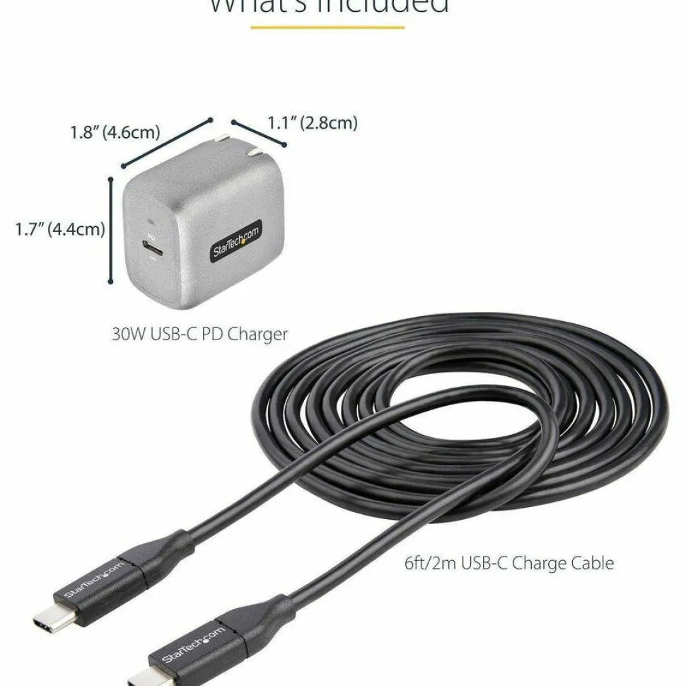 StarTech 30W USB-C Wall Charger, Portable GaN Charger with USB Power Delivery Fast Charging, 6ft Cable, USB-C Charger