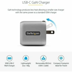 StarTech 30W USB-C Wall Charger, Portable GaN Charger with USB Power Delivery Fast Charging, 6ft Cable, USB-C Charger