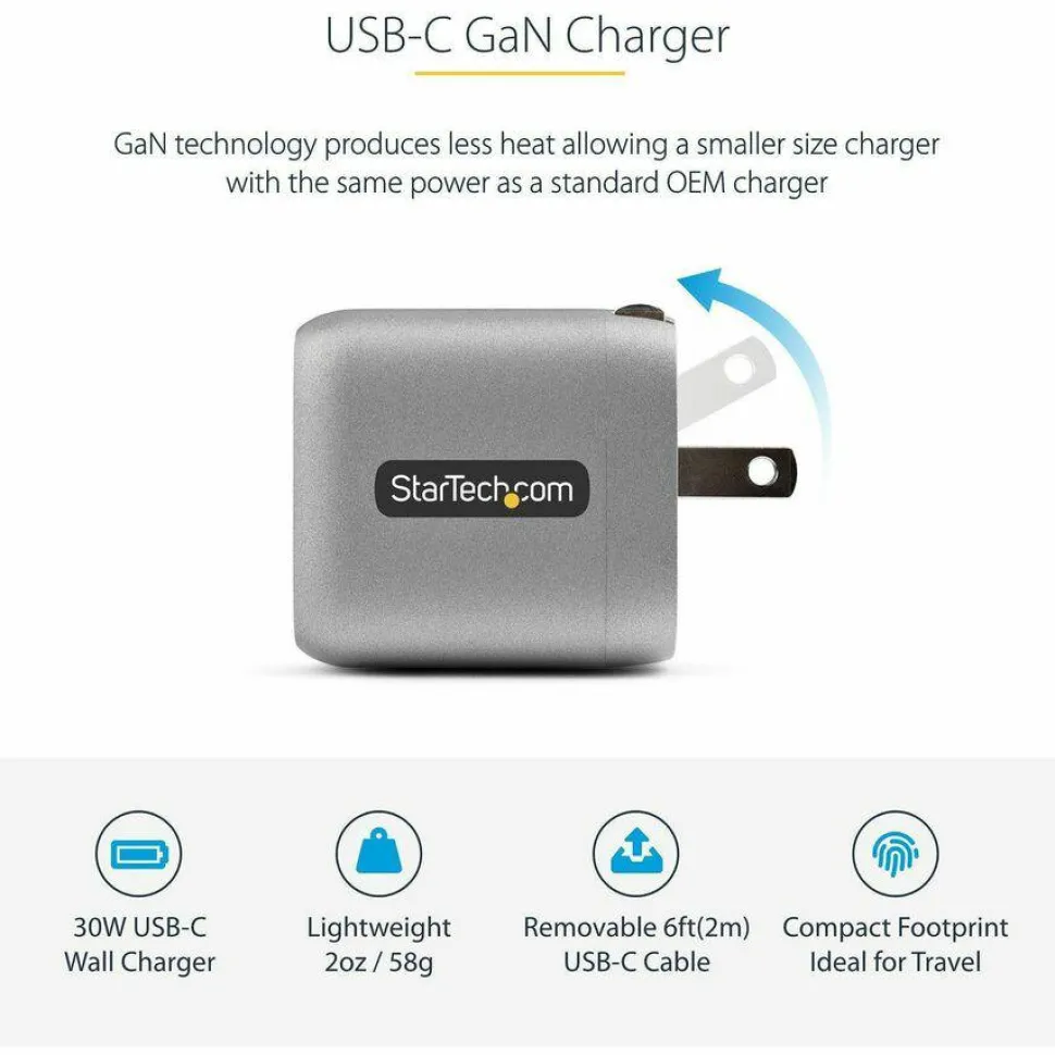 StarTech 30W USB-C Wall Charger, Portable GaN Charger with USB Power Delivery Fast Charging, 6ft Cable, USB-C Charger