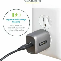 StarTech 30W USB-C Wall Charger, Portable GaN Charger with USB Power Delivery Fast Charging, 6ft Cable, USB-C Charger