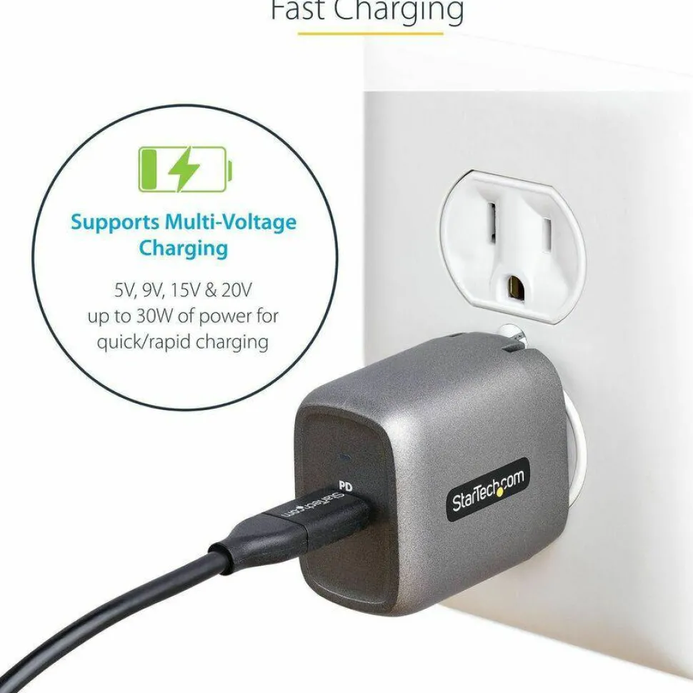 StarTech 30W USB-C Wall Charger, Portable GaN Charger with USB Power Delivery Fast Charging, 6ft Cable, USB-C Charger