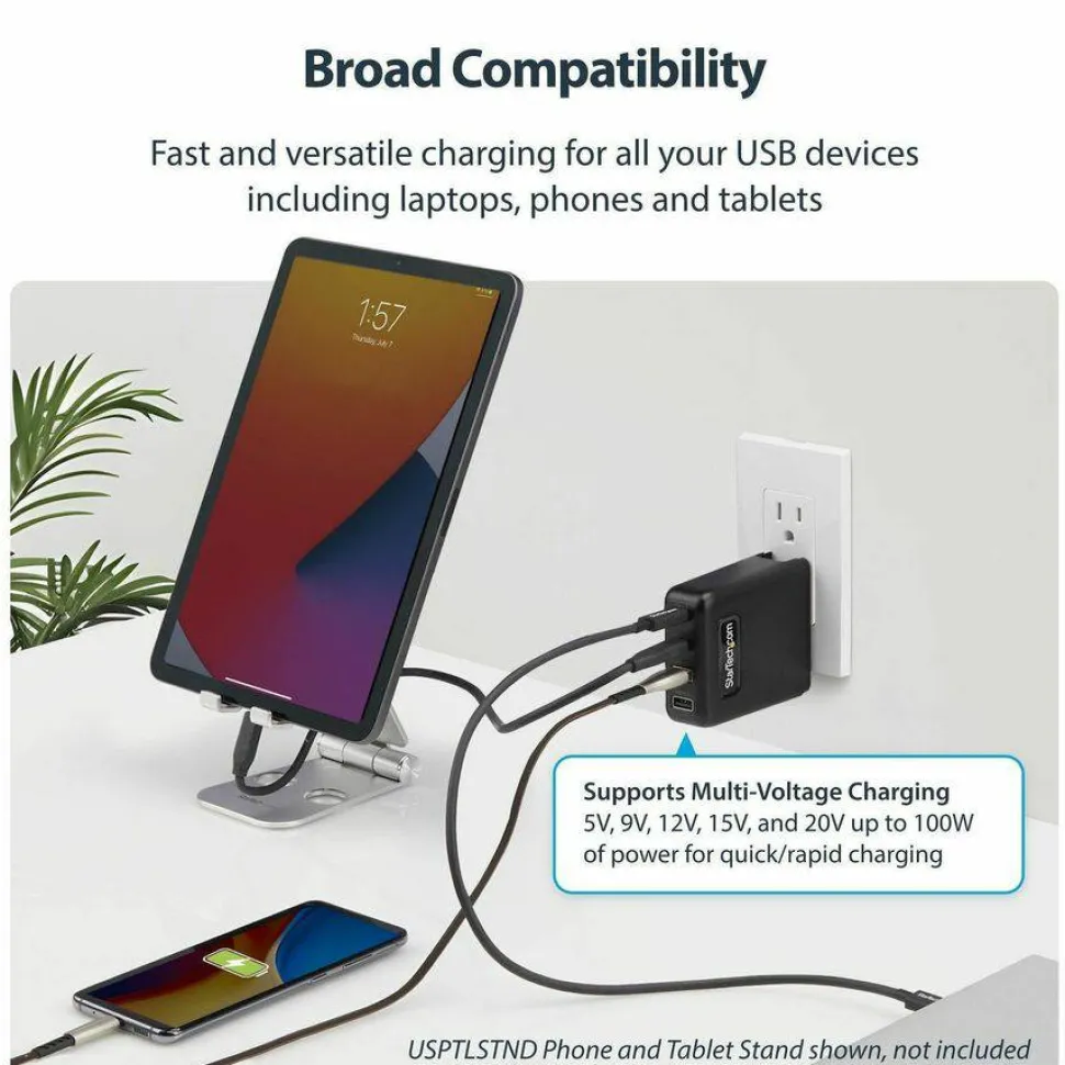 StarTech 100W USB-C Wall Charger, 2x USB-C, 2x USB-A, Quick Charging Portable GaN Power Adapter, PD 3.0, 6ft/1.8m USB-C to USB-C Cable