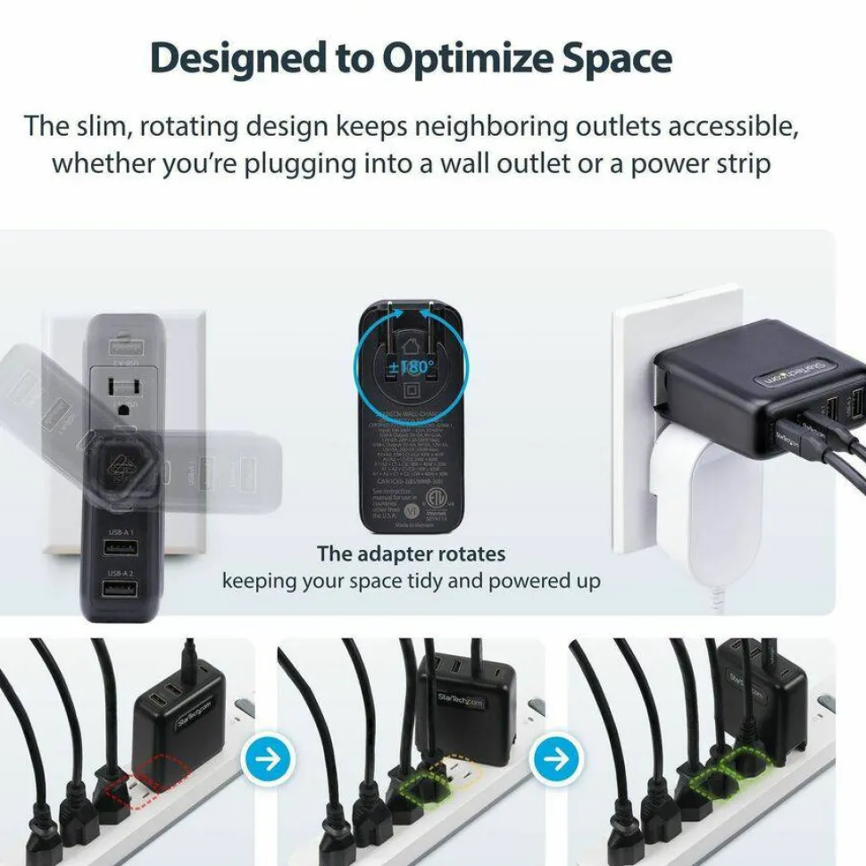 StarTech 100W USB-C Wall Charger, 2x USB-C, 2x USB-A, Quick Charging Portable GaN Power Adapter, PD 3.0, 6ft/1.8m USB-C to USB-C Cable