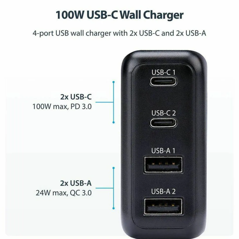 StarTech 100W USB-C Wall Charger, 2x USB-C, 2x USB-A, Quick Charging Portable GaN Power Adapter, PD 3.0, 6ft/1.8m USB-C to USB-C Cable
