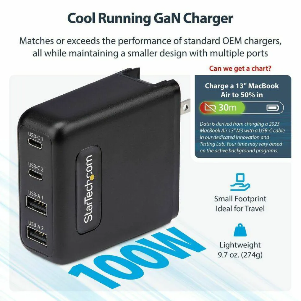 StarTech 100W USB-C Wall Charger, 2x USB-C, 2x USB-A, Quick Charging Portable GaN Power Adapter, PD 3.0, 6ft/1.8m USB-C to USB-C Cable