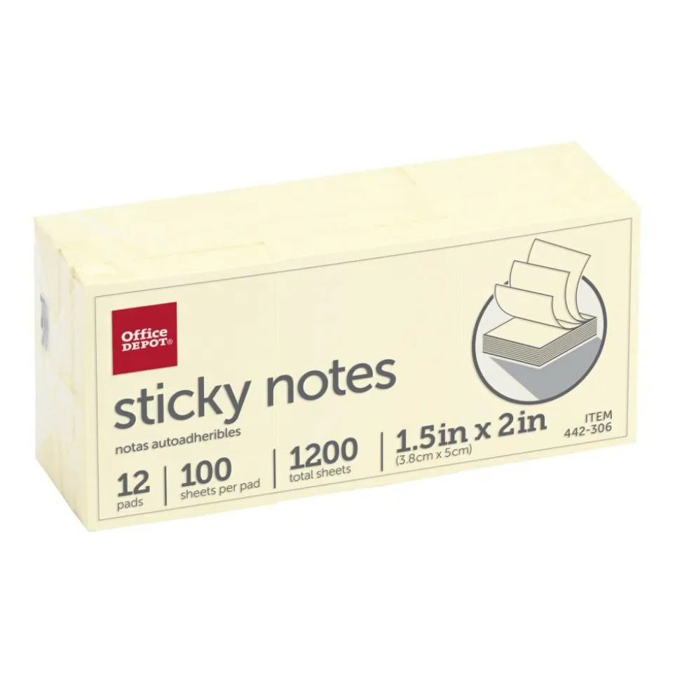 Sticky Notes, 1-1/2" x 2", Yellow, 100 Sheets Per Pad, Pack Of 12 Pads