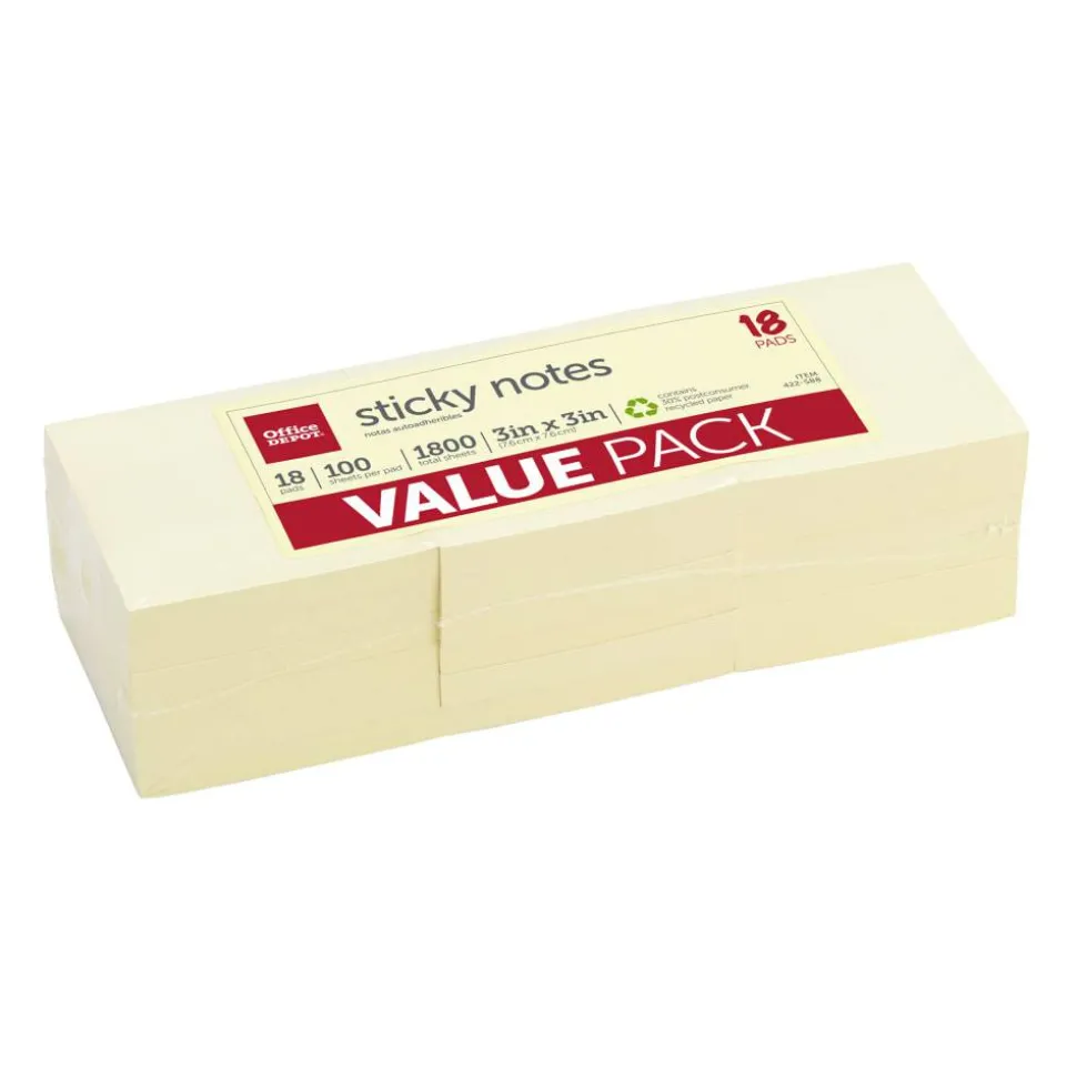 Sticky Notes Value Pack, 30% Recycled, 3" x 3", Yellow, 100 Sheets Per Pad, Pack Of 18 Pads