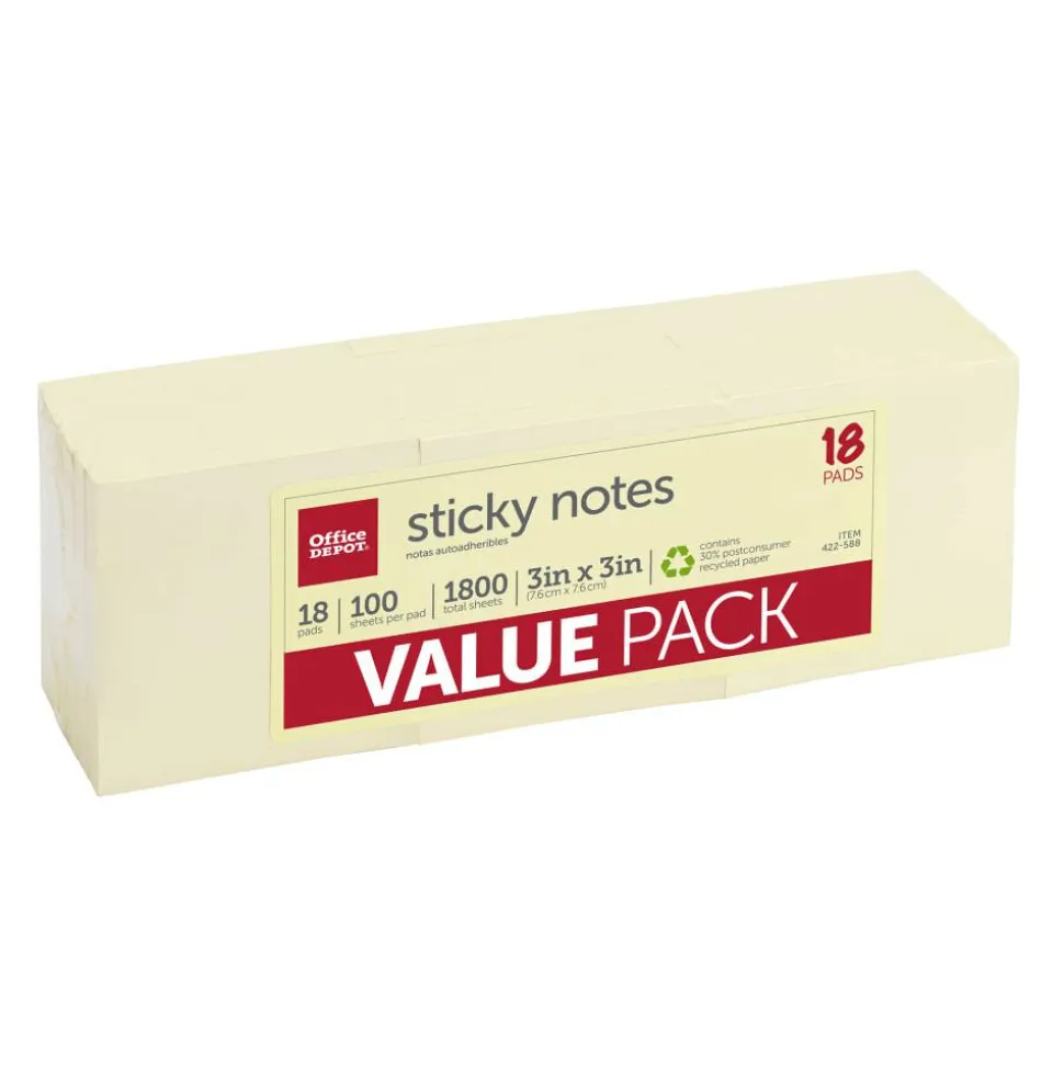 Sticky Notes Value Pack, 30% Recycled, 3" x 3", Yellow, 100 Sheets Per Pad, Pack Of 18 Pads