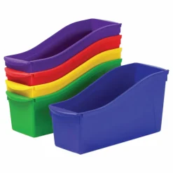 Storex Interlocking Book Bins with Clear Label Pouches, 4.75" x 12.63" x 7", Assorted Colors, 5/Pack