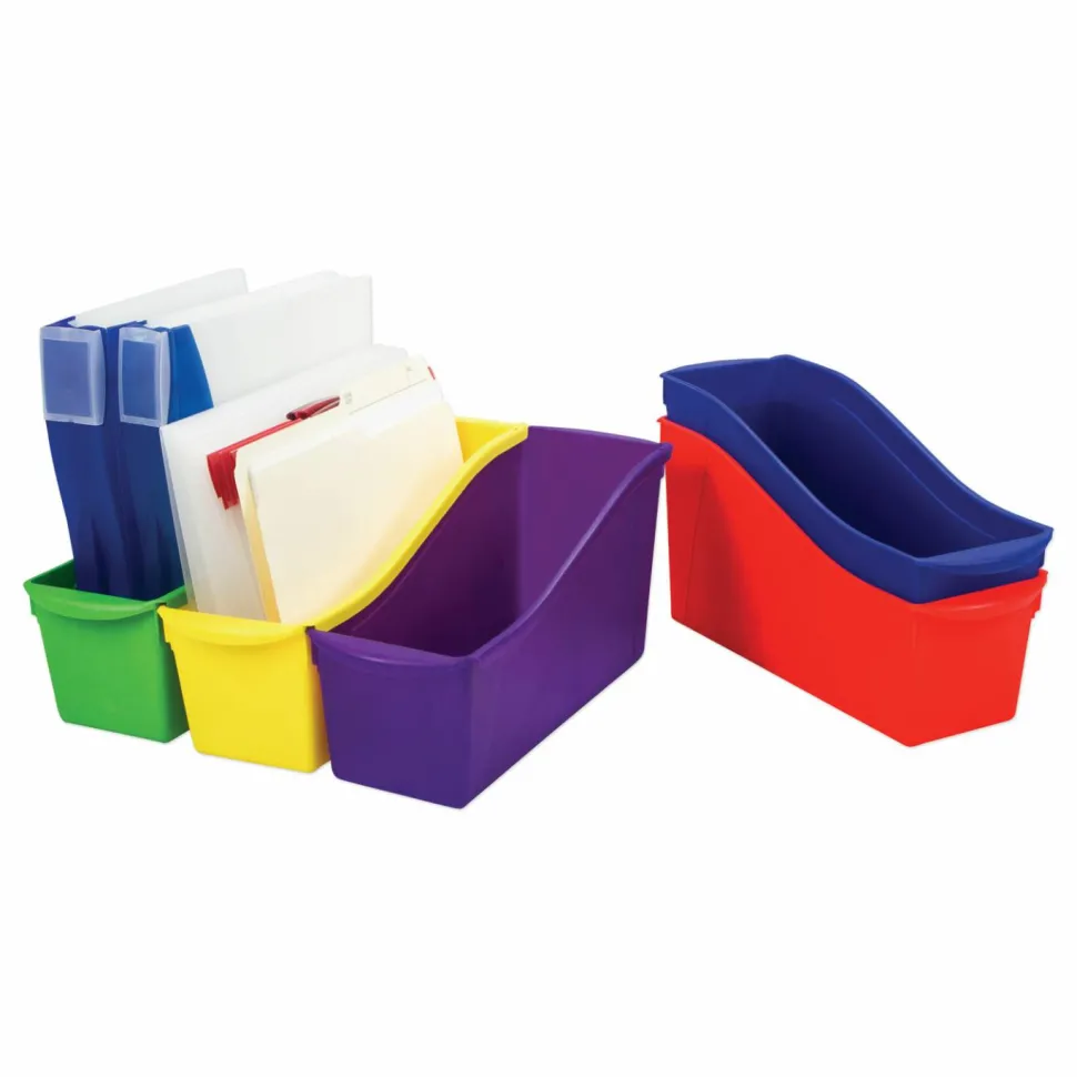Storex Interlocking Book Bins with Clear Label Pouches, 4.75" x 12.63" x 7", Assorted Colors, 5/Pack