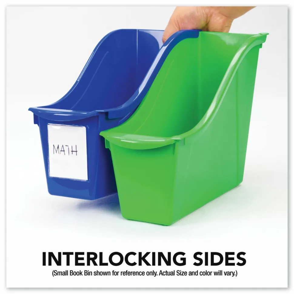 Storex Interlocking Book Bins with Clear Label Pouches, 4.75" x 12.63" x 7", Assorted Colors, 5/Pack