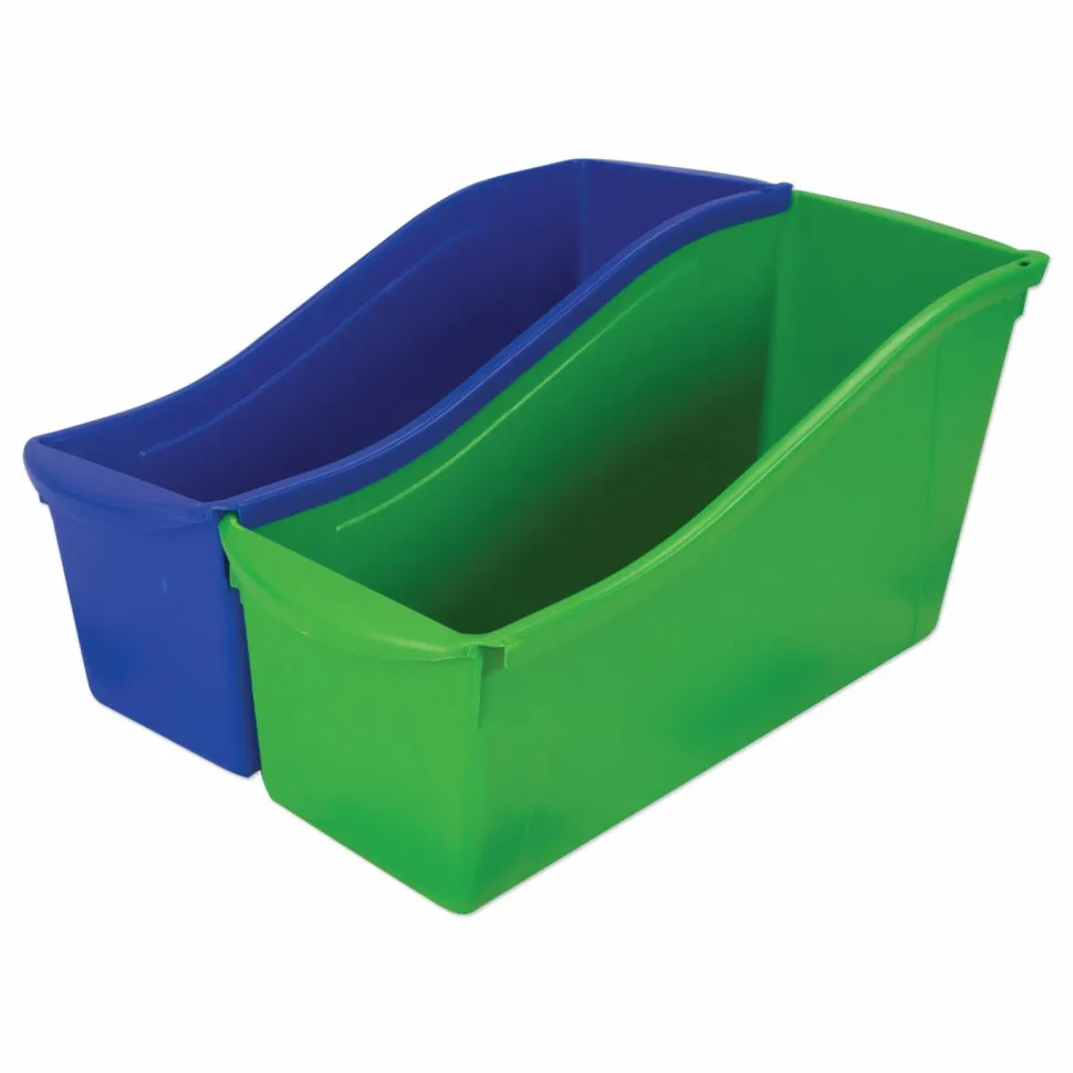 Storex Interlocking Book Bins with Clear Label Pouches, 4.75" x 12.63" x 7", Assorted Colors, 5/Pack