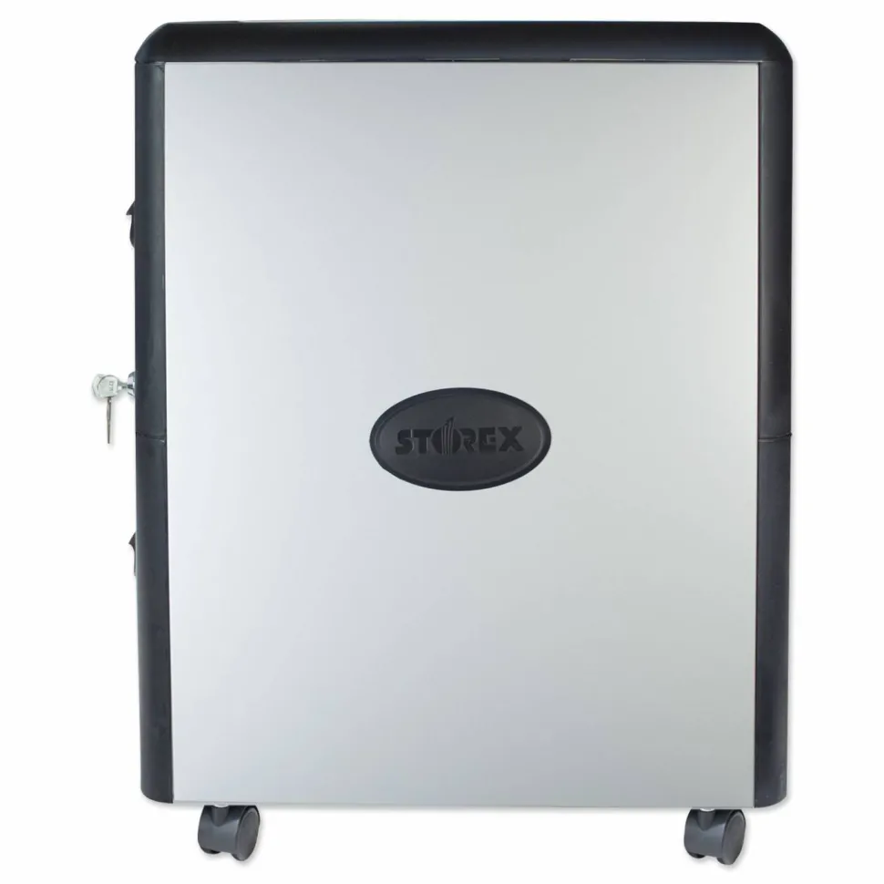 Storex Mobile Filing Cabinet with Metal Siding, 2 Letter-Size File Drawers, Silver/Black, 19" x 15" x 23"