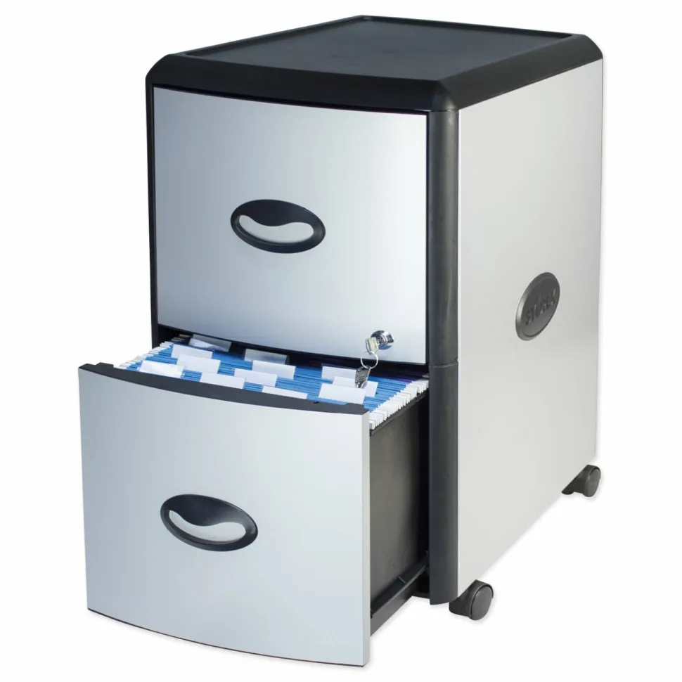 Storex Mobile Filing Cabinet with Metal Siding, 2 Letter-Size File Drawers, Silver/Black, 19" x 15" x 23"