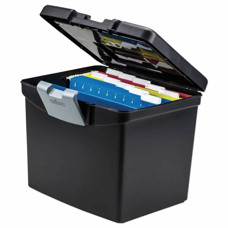 Storex Portable File Box with Large Organizer Lid, Letter Files, 13.25" x 10.88" x 11", Black