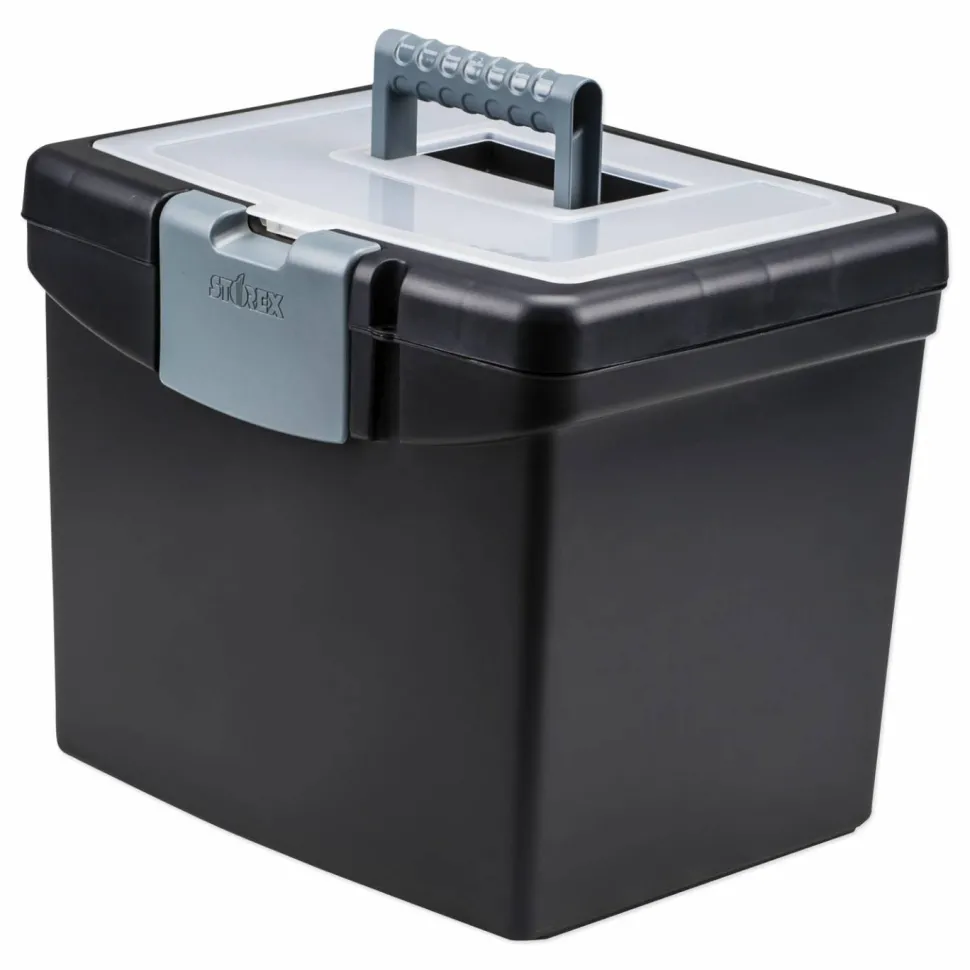 Storex Portable File Box with Large Organizer Lid, Letter Files, 13.25" x 10.88" x 11", Black