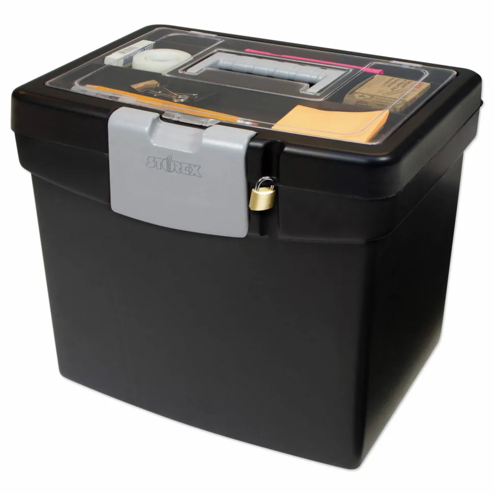 Storex Portable File Box with Large Organizer Lid, Letter Files, 13.25" x 10.88" x 11", Black