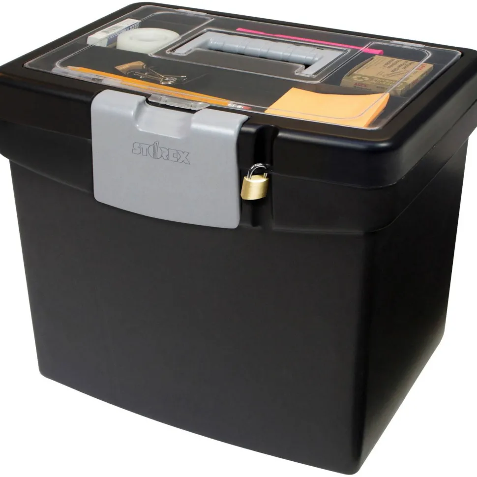 Storex Portable File Box with Large Organizer Lid, Letter Files, 13.25" x 10.88" x 11", Black