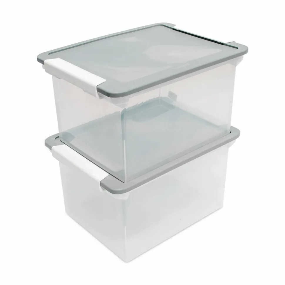 Storex Portable File Tote with Locking Handles, Letter/Legal Files, 18.5" x 14.25" x 10.88", Clear/Silver