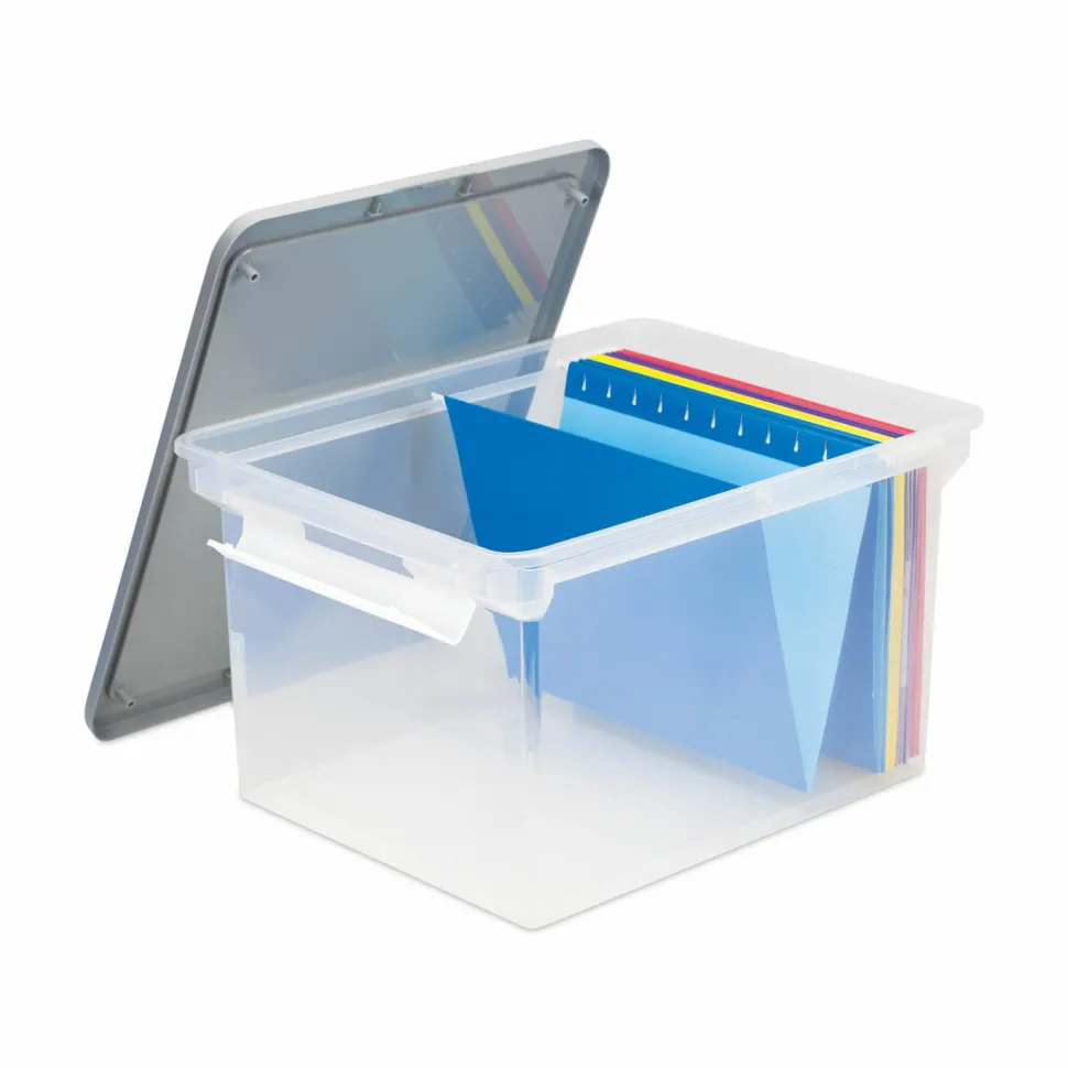 Storex Portable File Tote with Locking Handles, Letter/Legal Files, 18.5" x 14.25" x 10.88", Clear/Silver